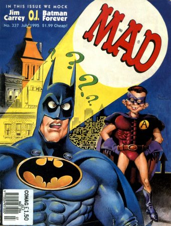 Mad Magazine
Jim Carrey on the cover of Mad Magazine.

Issue: #337 - July, 1995
Keywords: Mad Magazine Batman Forever Satire 1995